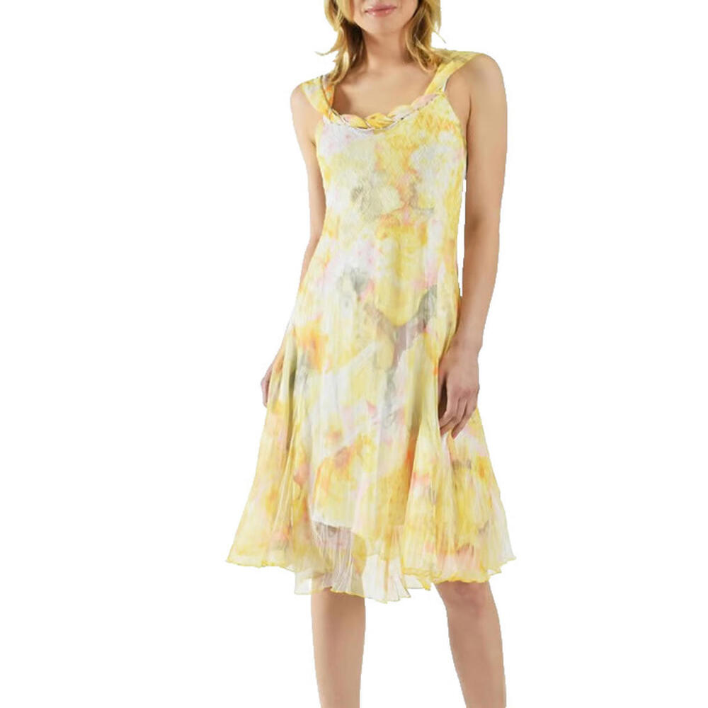 NEW, KOMAROV Floral Chiffon & Charmeuse Cocktail Dress in Yellow Size L #MD075